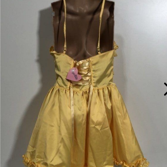 Sugar Thrillz Corset Cinched lace up Cottage Fairy Yellow Ruffle mini Dress - Picture 6 of 9